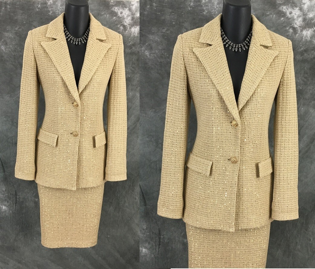 BEAUTIFUL St John gold shimmer embellished skirt suit size 4 6