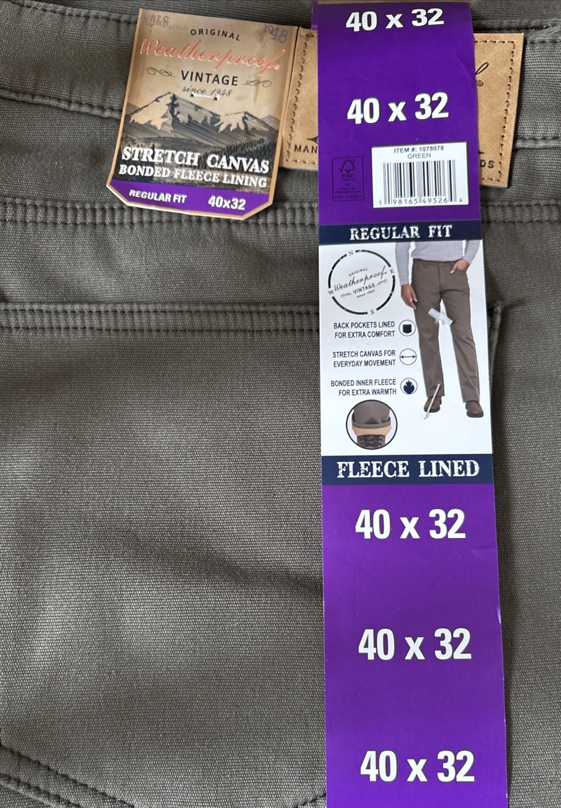 Weatherproof Vintage Men Fleece Lined Pant 40×32 Stretch Canvas Green
