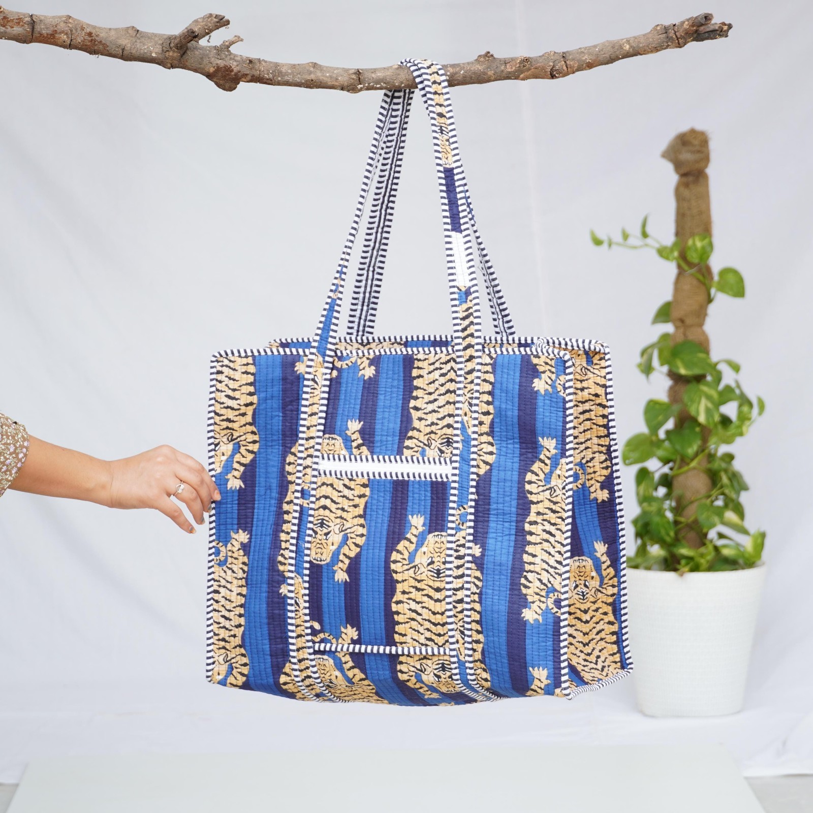 Handmade Cotton Tote Bag Blue Tiger Print Quilted Indian Travel Shopper Bag