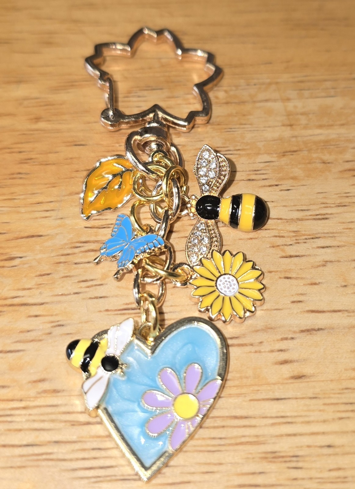 Blue Enamel Heart Bees Flowers Butterfly Spring Goldtone Purse Charm Keychain