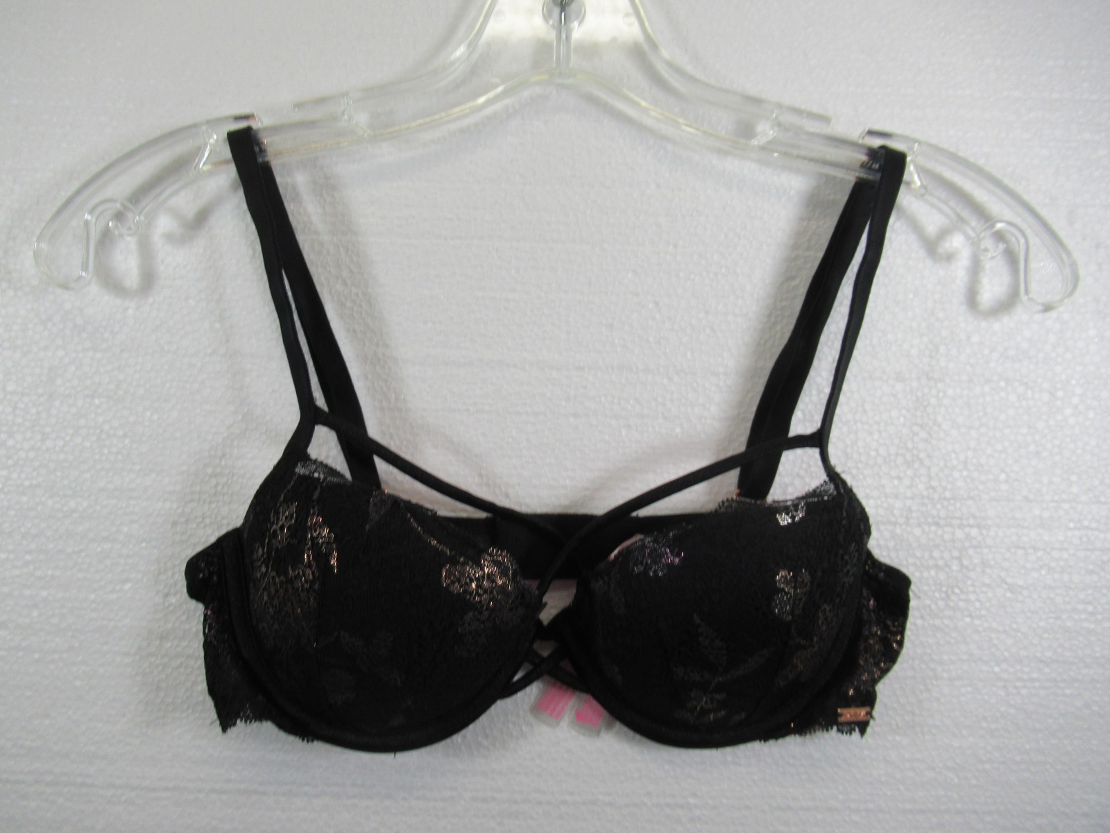 Victoria’s Secret PINK Caged Date Push Up Bra 32B Black Underwire Glitter Lace