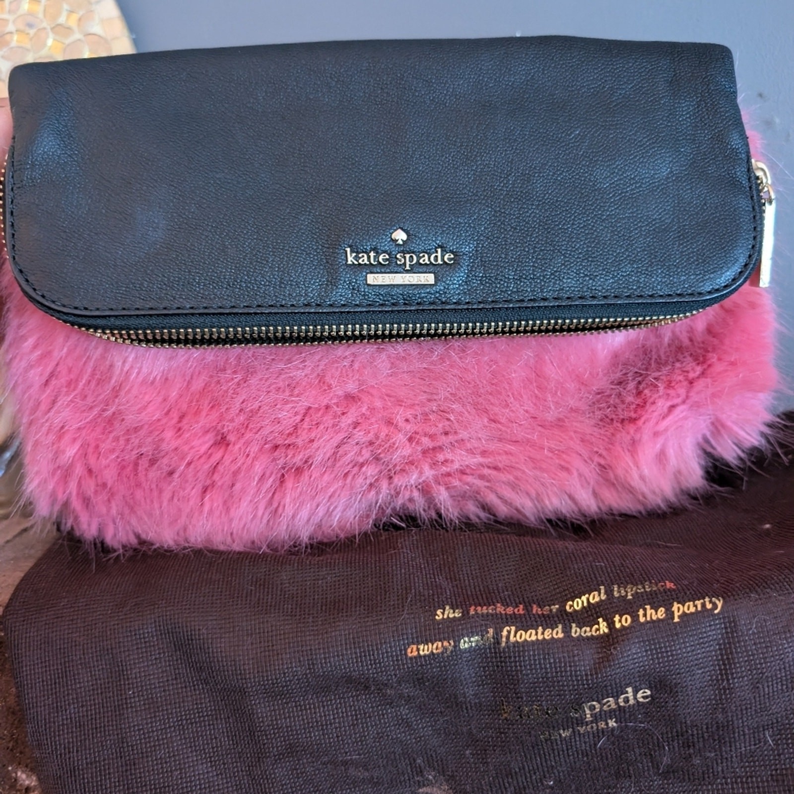 💖 RARE! Kate Spade Evening Belles Steffe Faux Fur & Leather Clutch