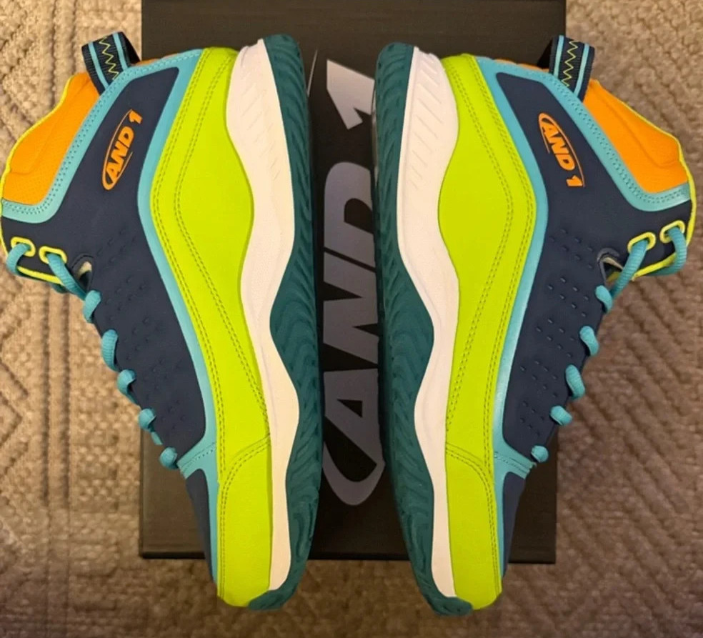 And 1 Mens Sneakers- Pulse 2.0 TPR -Neon Green- Navy & Teal High-Top -NWB