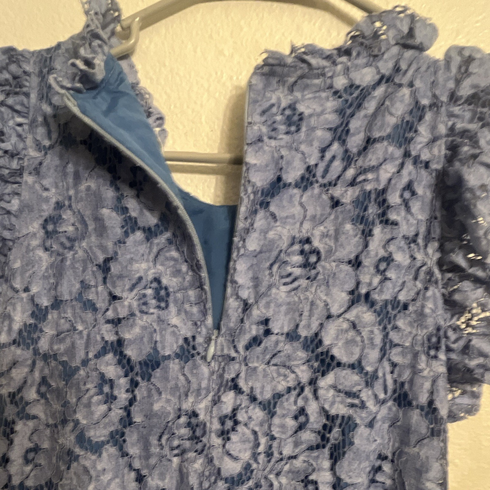 Imperial Blue Floral Lace Shift Dress Round Neck Ruffle Lined Zip M