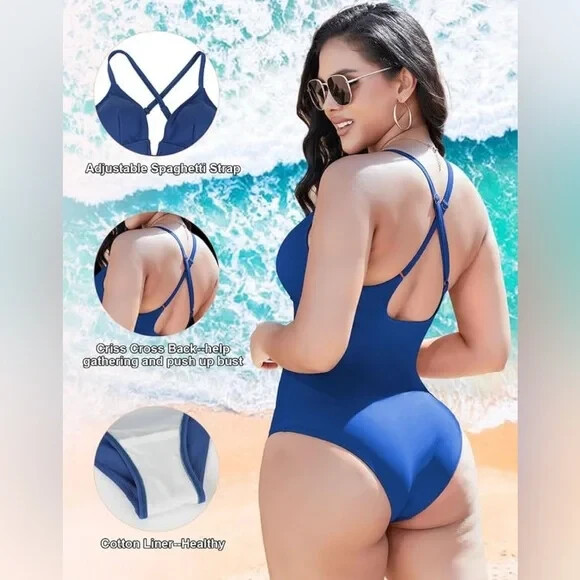 Shaperin Women’s Blue Deep V Neck One Piece Swimsuit