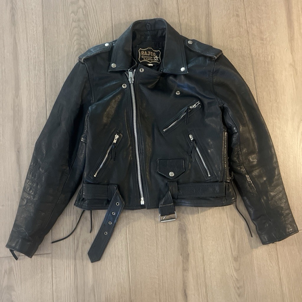 Rajco Genuine Leather Black Biker Jacket Cropped Zipper Belt Buckle Studded S