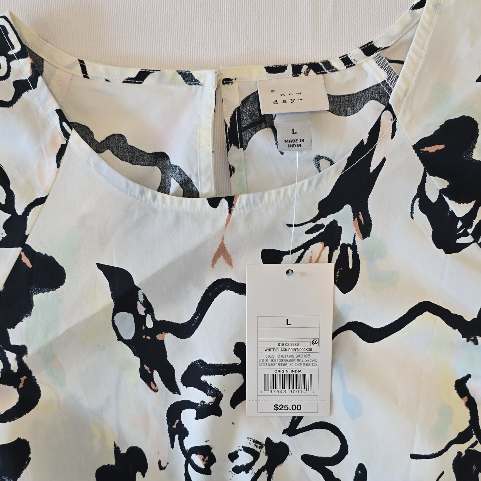 A New Day Women’s Cropped Abstract Cotton Puff Sleeve Blouse, L White/Black