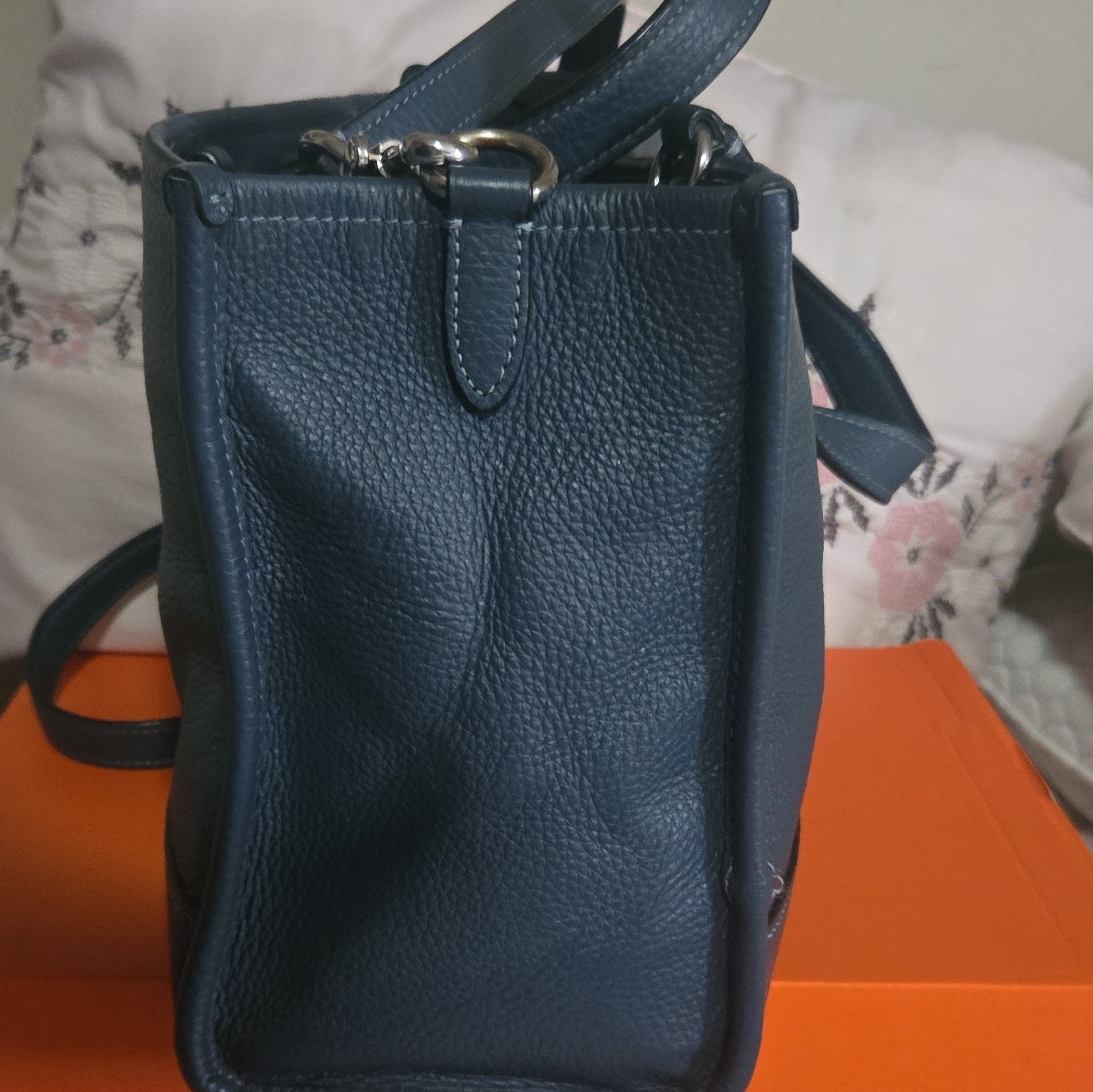 Coach Blue Pebbled Satchel Top Handle Bag Zip Closure, Detachable Strap