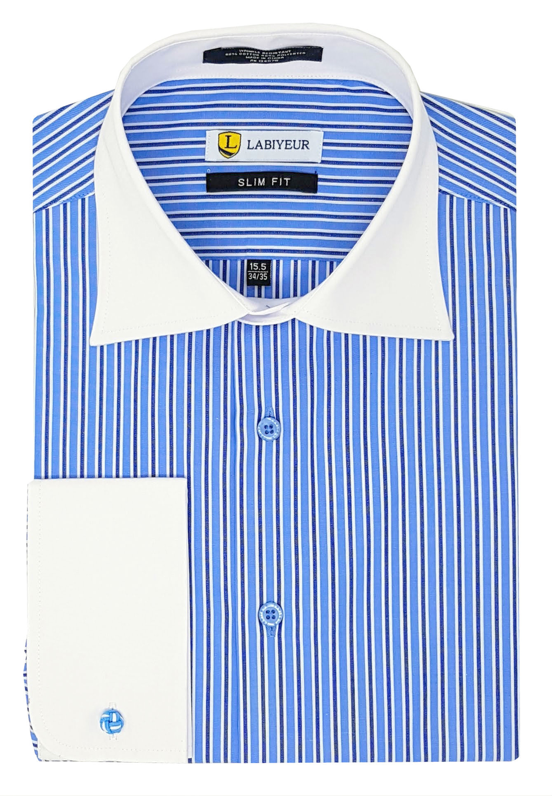 Labiyeur Slim Fit Double Blue White Stripes French Cuff Dress Shirt