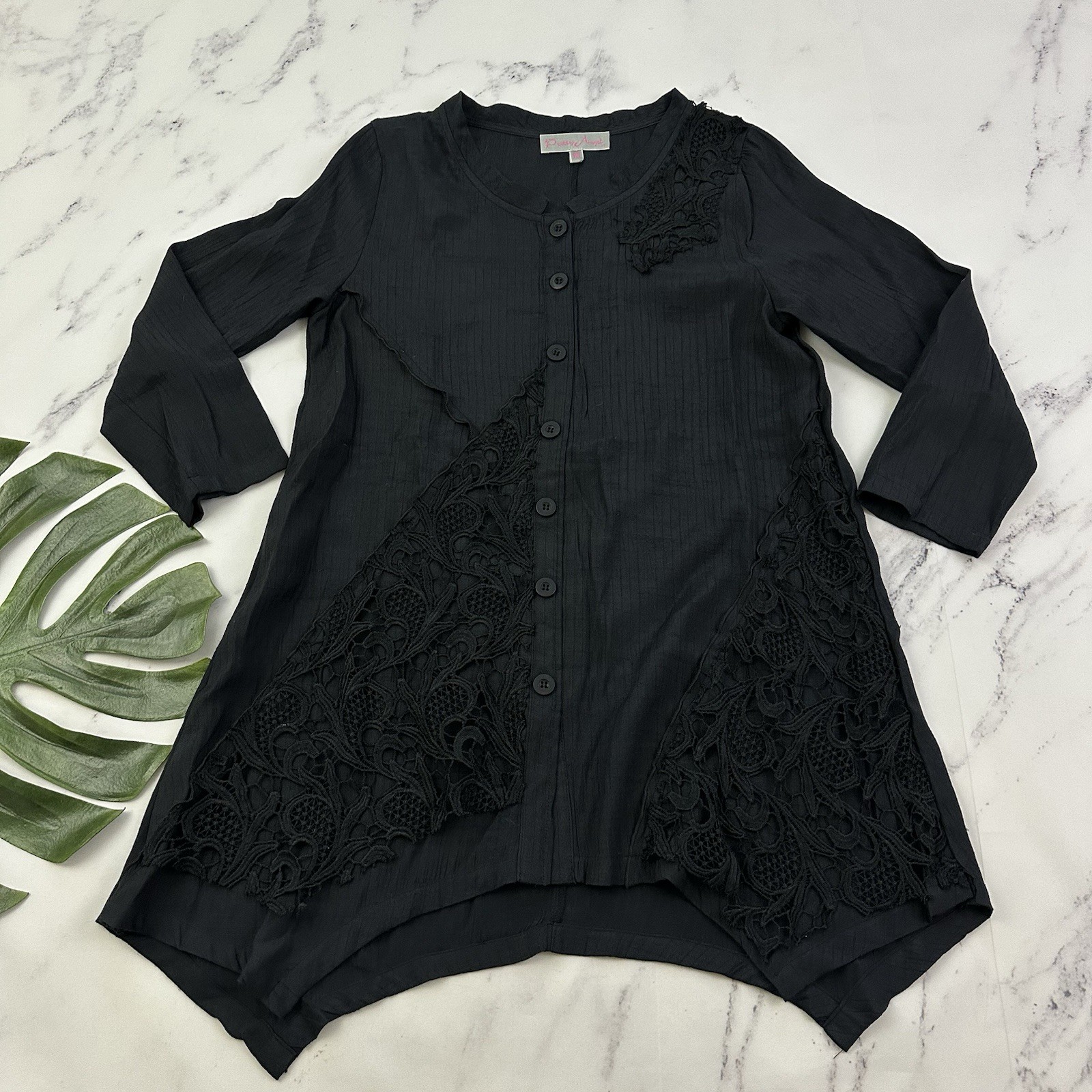 Pretty Angel Womens Tunic Top Size M Black Lace Trim Button Front 3/4 Sleeve