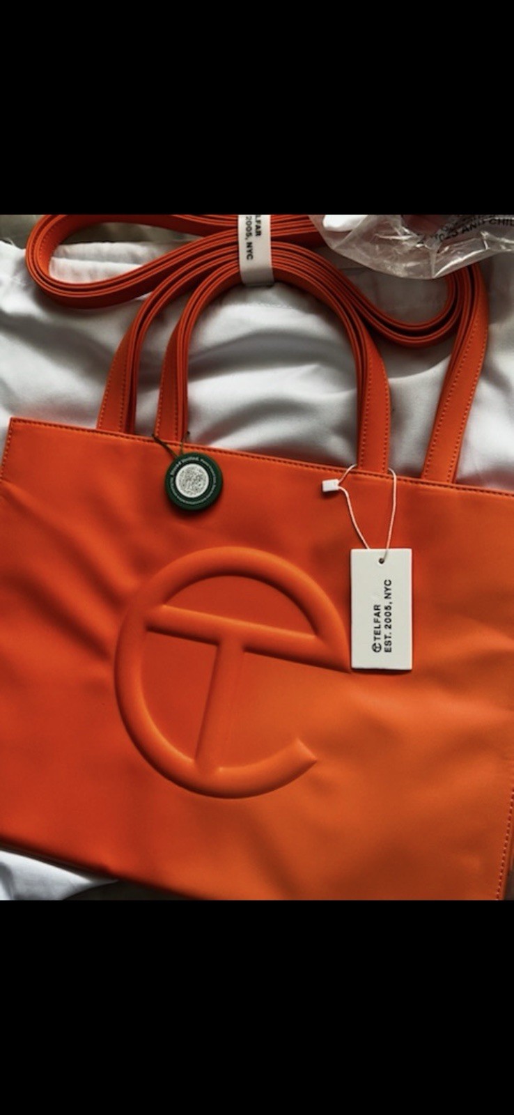 Telfar Medium Orange Shopping Tote Bag, Snap Closure, Double Handles, Dust Bag