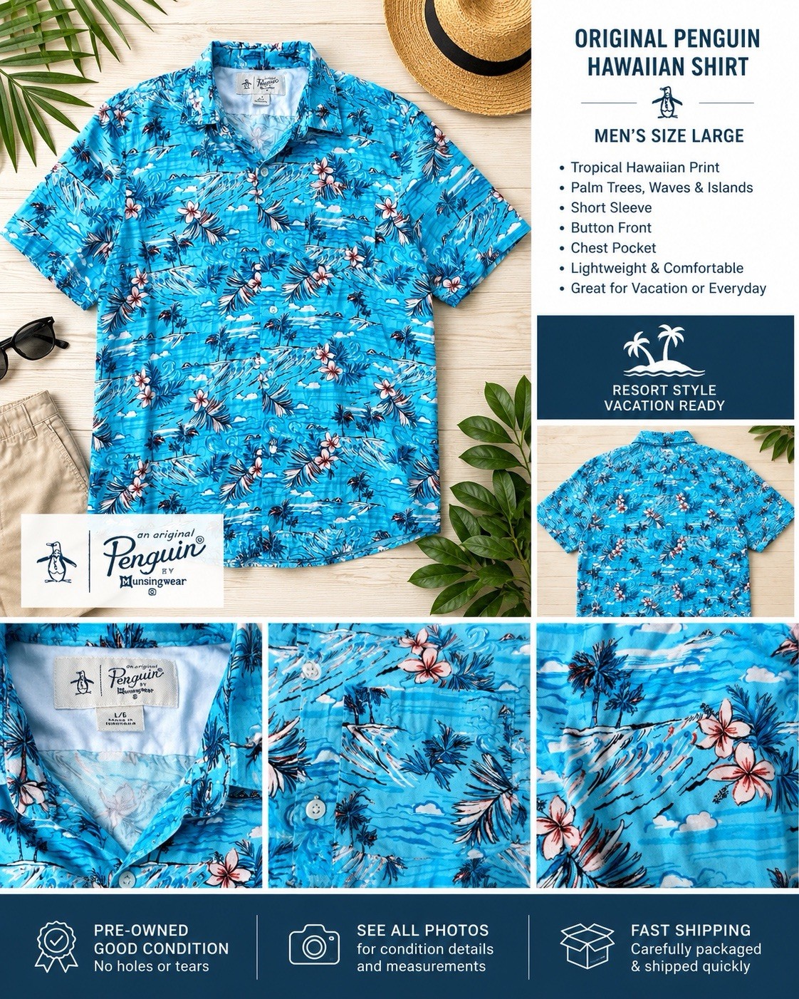 Original Penguin Mens Large Aloha Shirt Blue Tropical Beach Palm Tree Button Up
