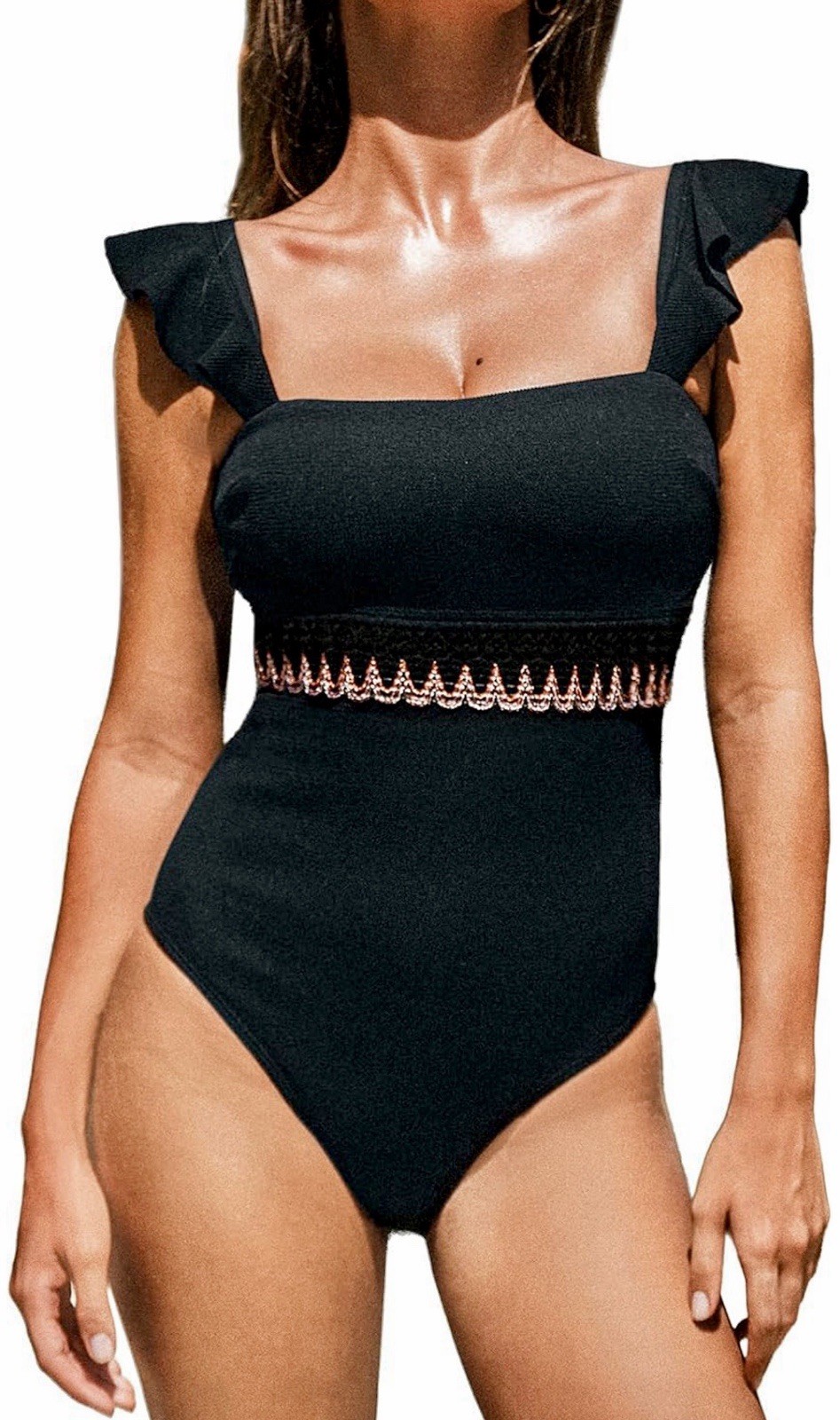 CUPSHE Black Ribbed Ruffle Wide Adjustable Strap One-Piece Swimsuit M D