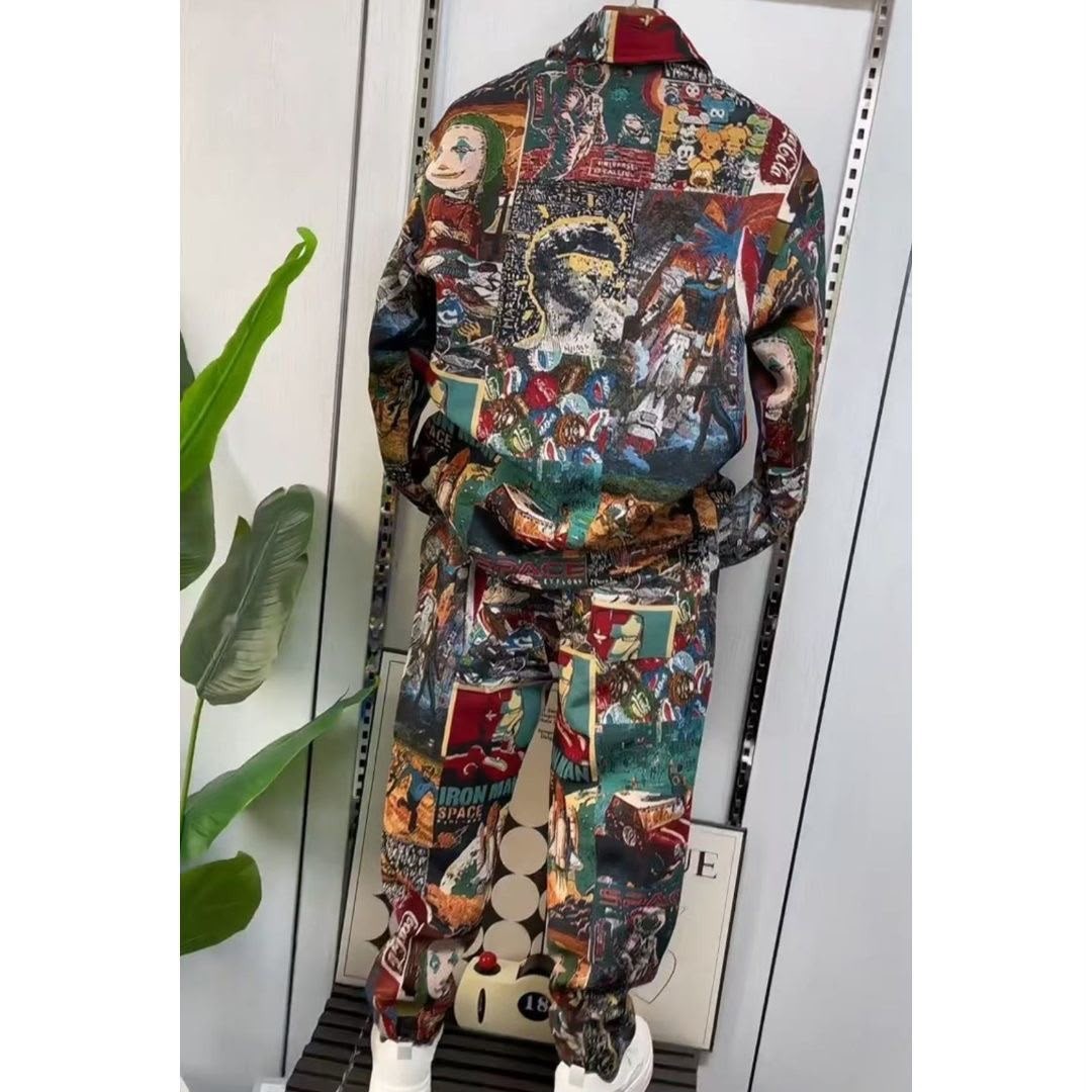 Men Graphic Print Jacquard Tracksuit Set Casual Button Jacket Jogger Pants