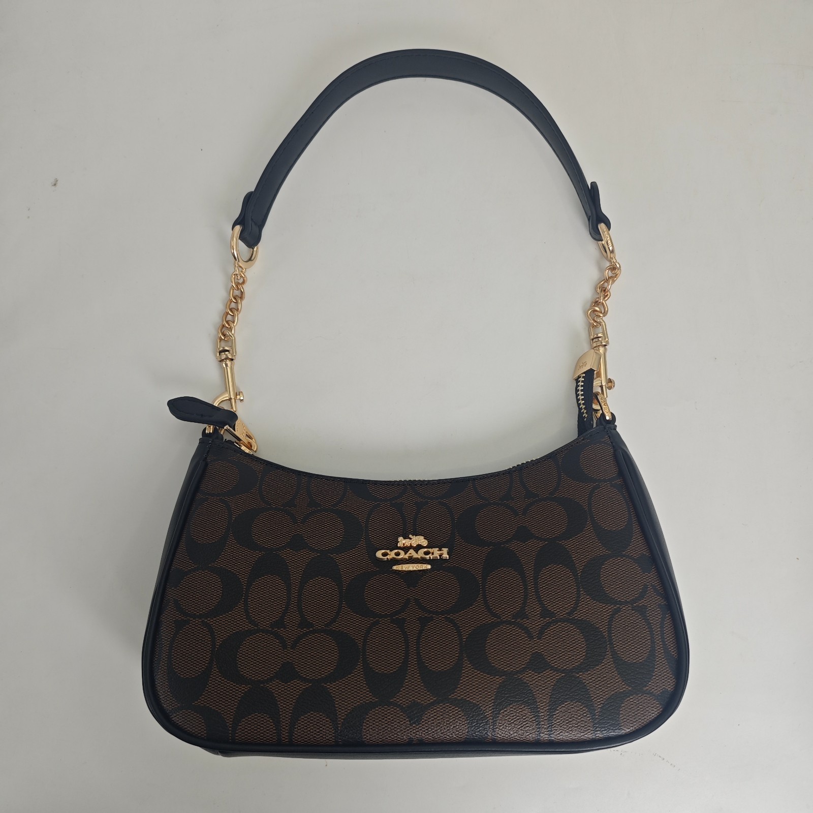 Coach Teri Signature Shoulder Bag Brown Black Chain Strap Crossbody Purse Women