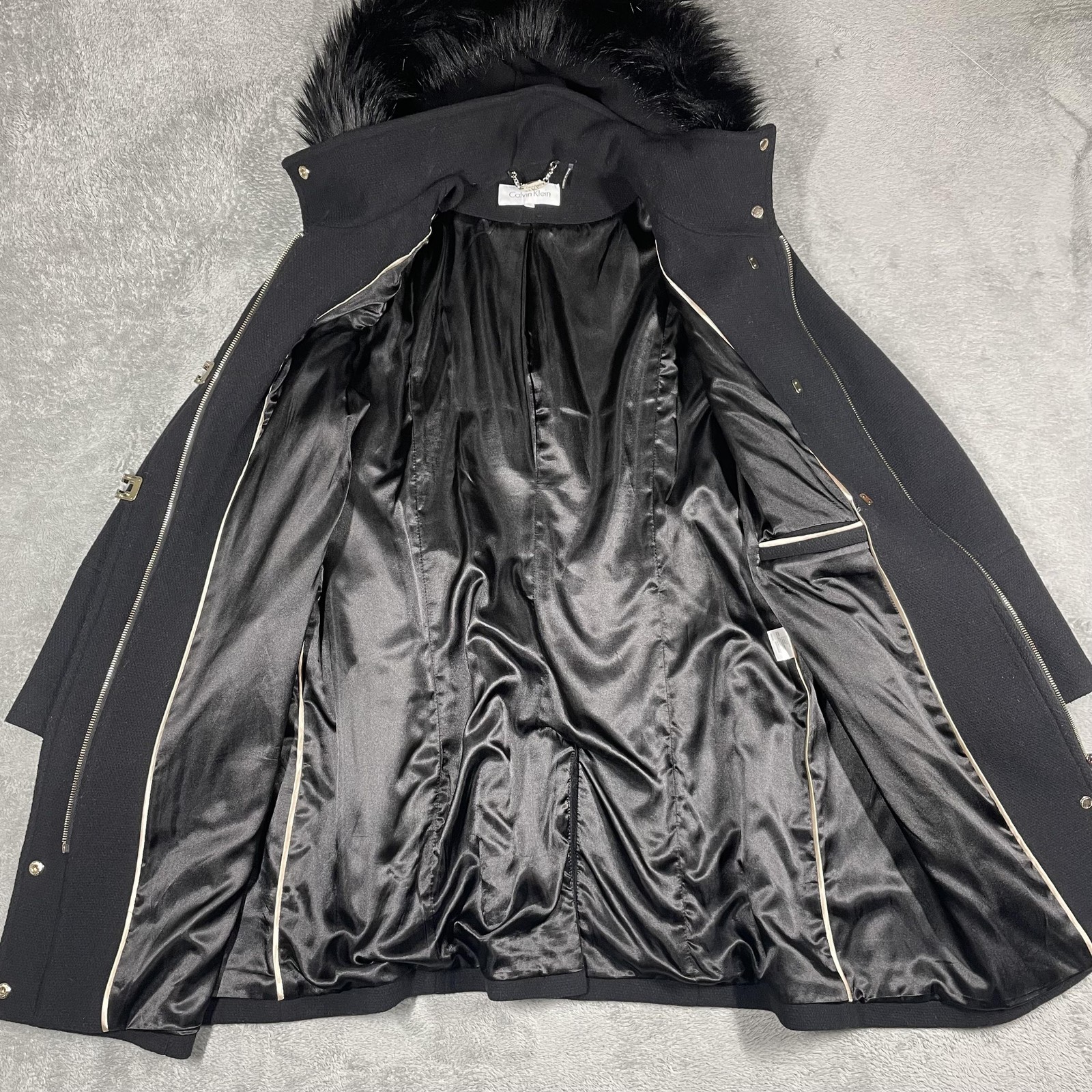 Calvin Klein Coat Womens XL Black Wool Blend Hooded Belted Faux Fur Parka
