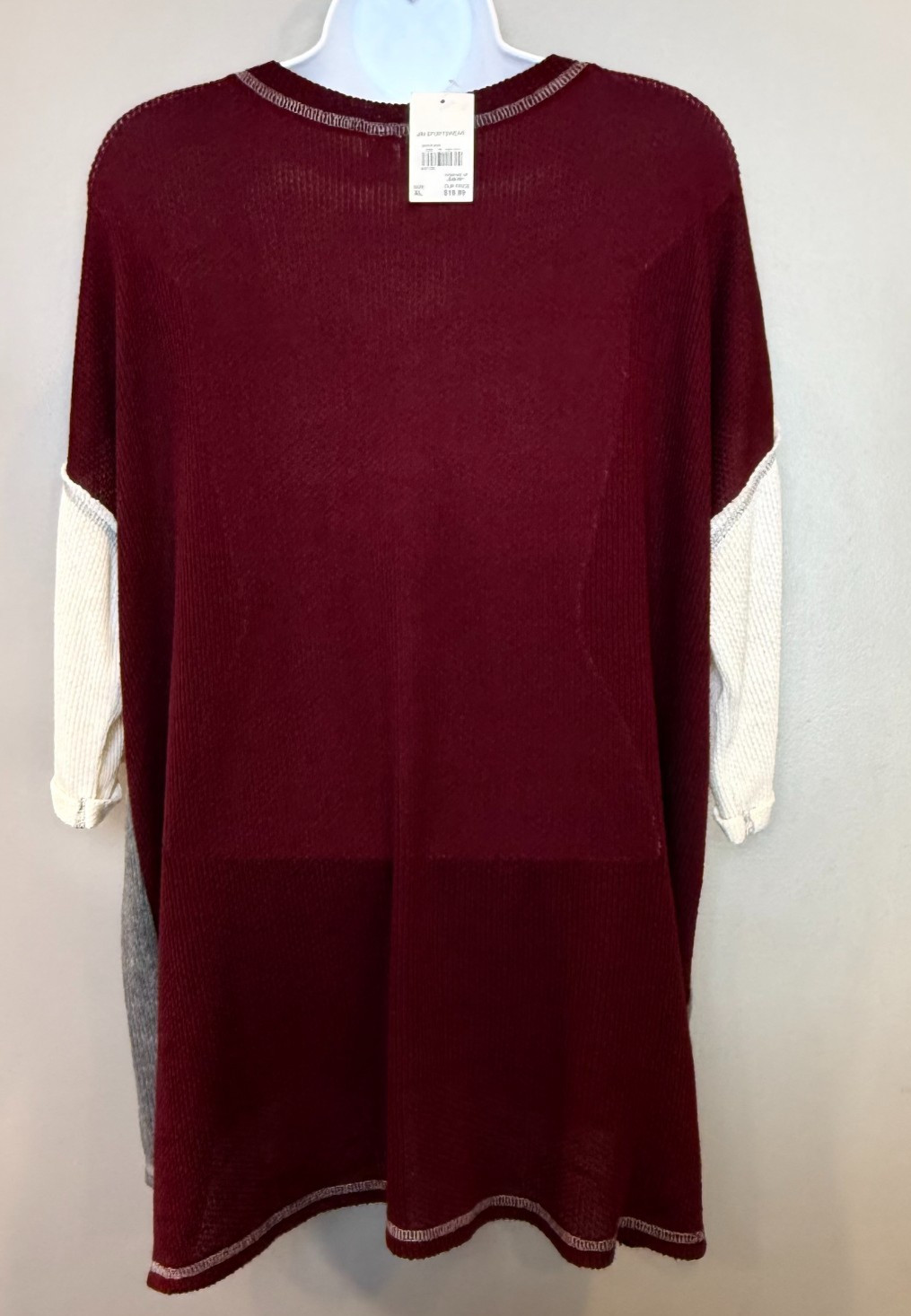 Active Life Colorblock Thermal Knit Tunic Top Gray Burgundy XL NWT