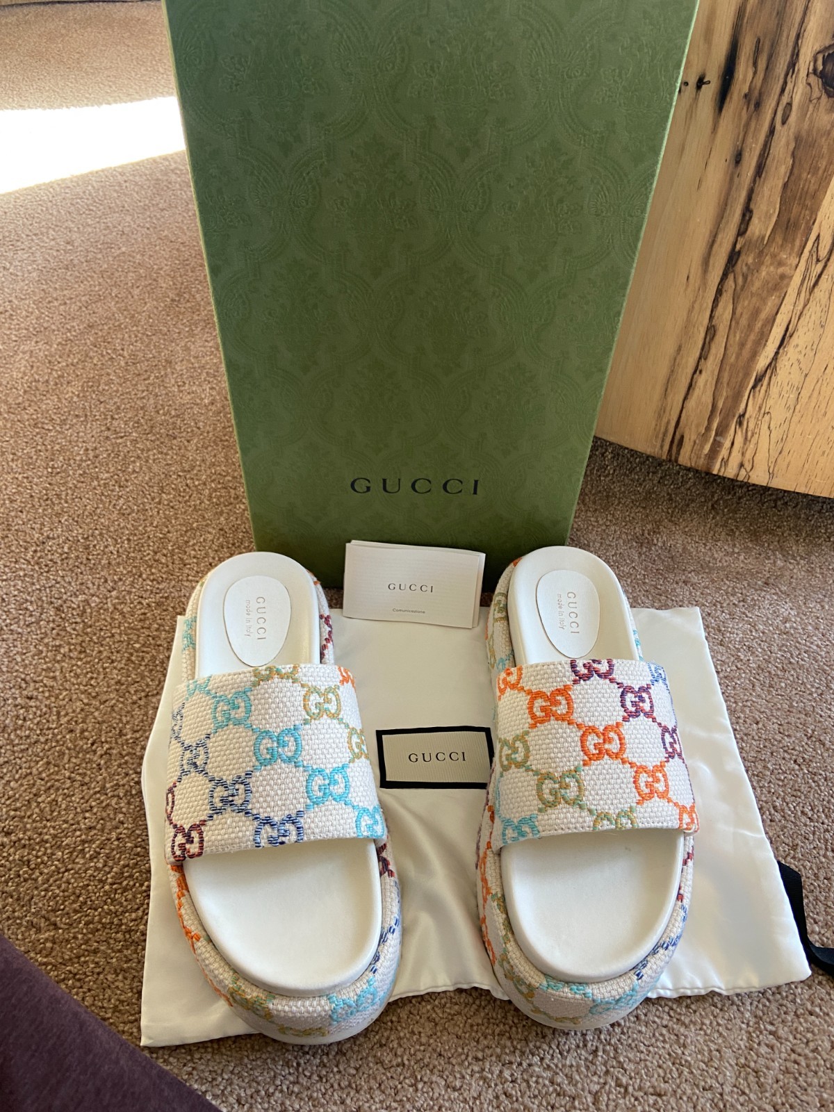 GUCCI ANGELINA Platform Multicolor logo print EMBROIDERED canvas slides 39