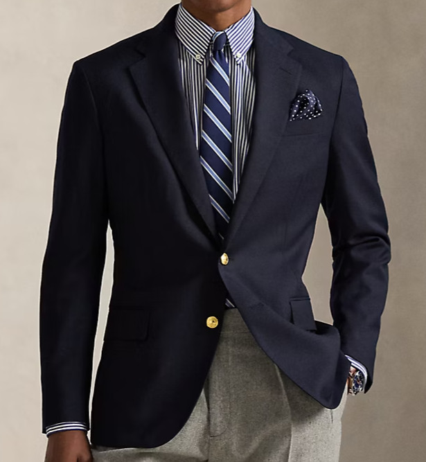 RALPH LAUREN Men’s Blazer Sport Coat 2-Button Jacket Brass Buttons 46L Navy Wool