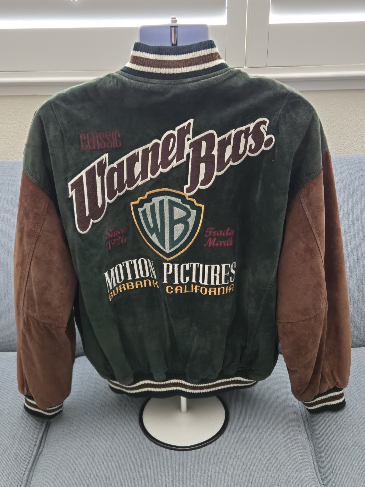 Vintage Warner Bros Motion Pictures Leather Jacket Sz M Suede Green/Tan 90s