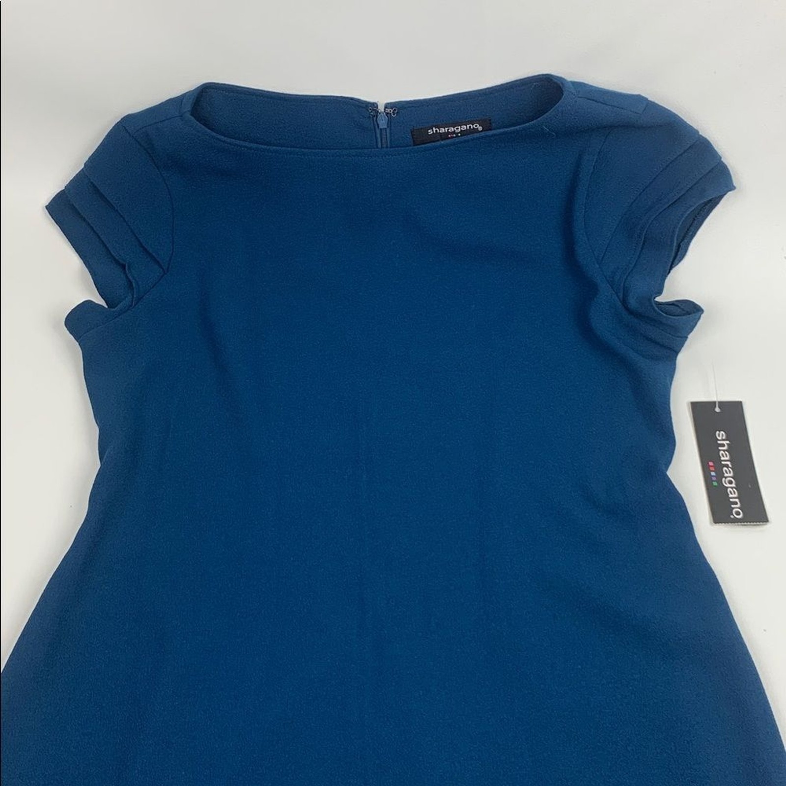 Sharagano Dark Marine Blue Cap ruffle sleeve Dress Size 8 Zip up New with tags