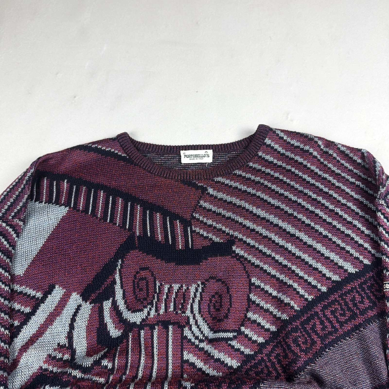 Mens Vintage Portobello’s Abstract Knit Sweater Coogi Style 90s Oversized Graphi