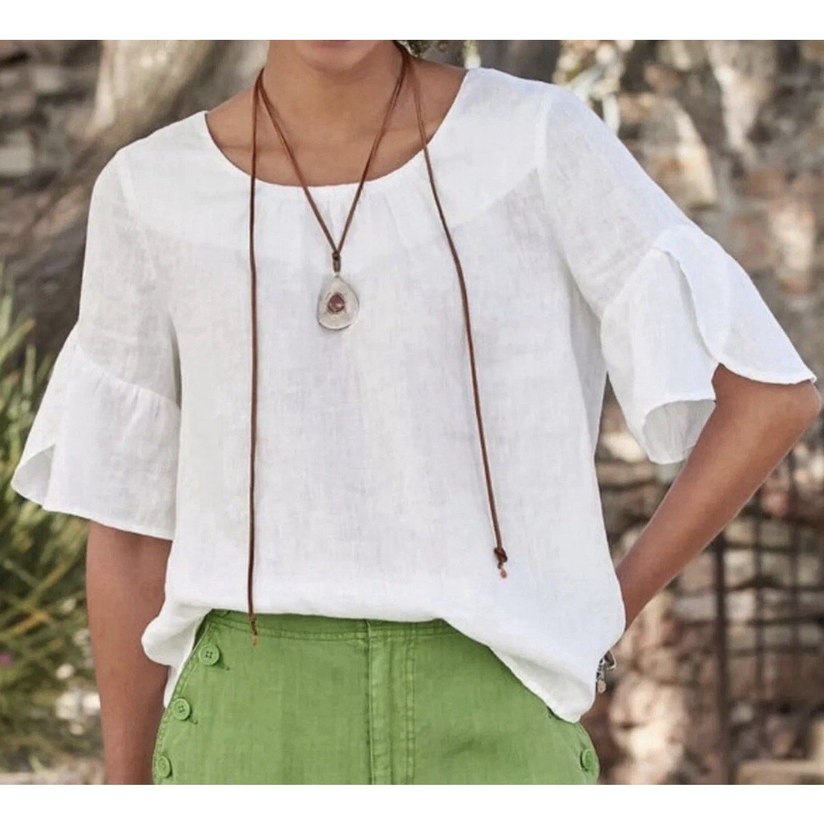 NWOT Sundance L 100% Linen Blouse Willa Whisper Top Flutter Sleeve Tunic White
