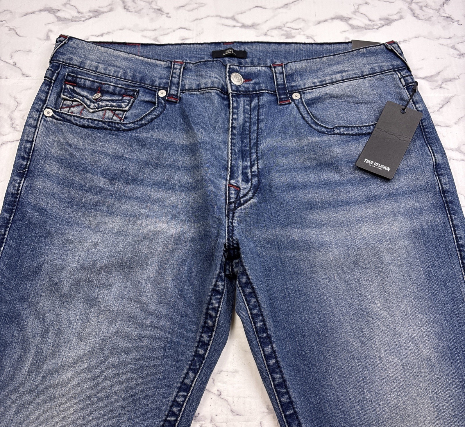NEW True Religion Jeans GENO Big T Flap Red Trim Relaxed Slim 40×32 Blue Wash