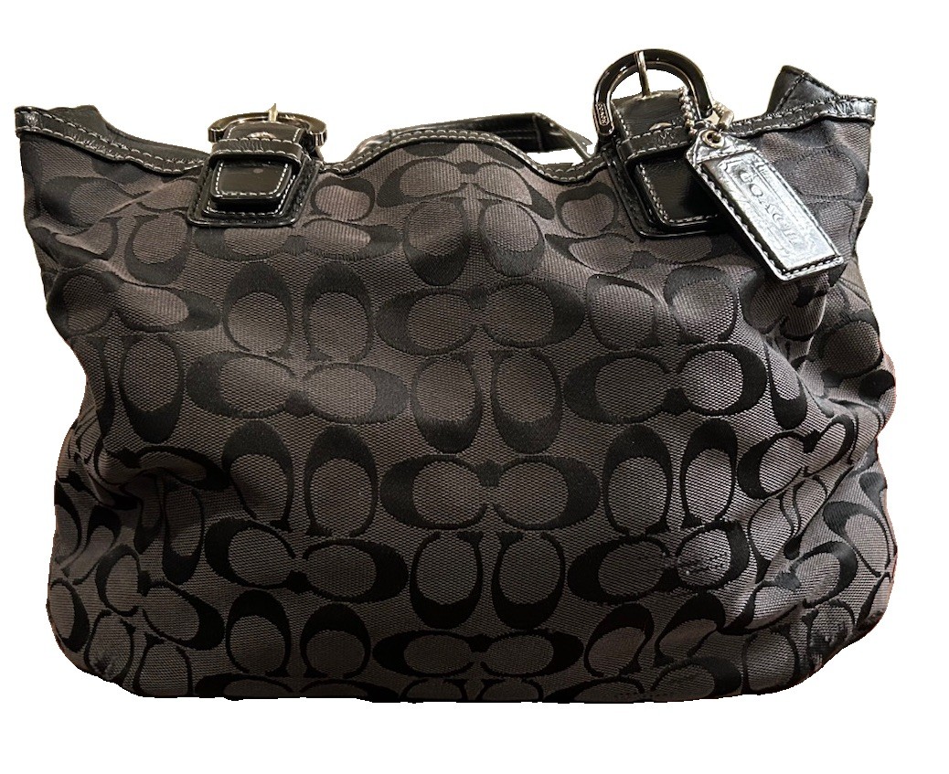 Coach Signature Satchel Handbag Black/Gray Zip Closure Inner Pockets Dust Bag