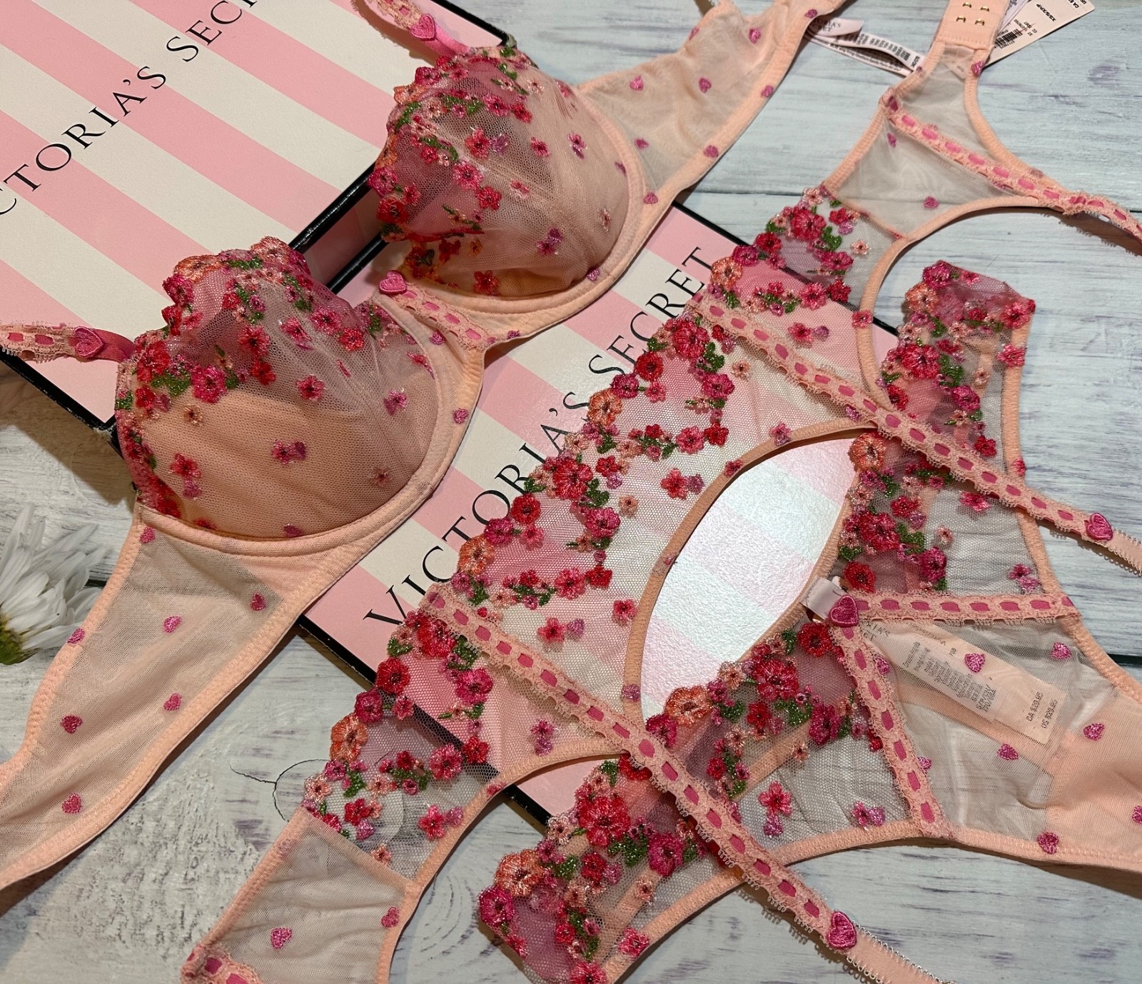 Victoria’s Secret Wicked Hearts & Roses Embroidery Unlined Balconette Bra 3 pcs