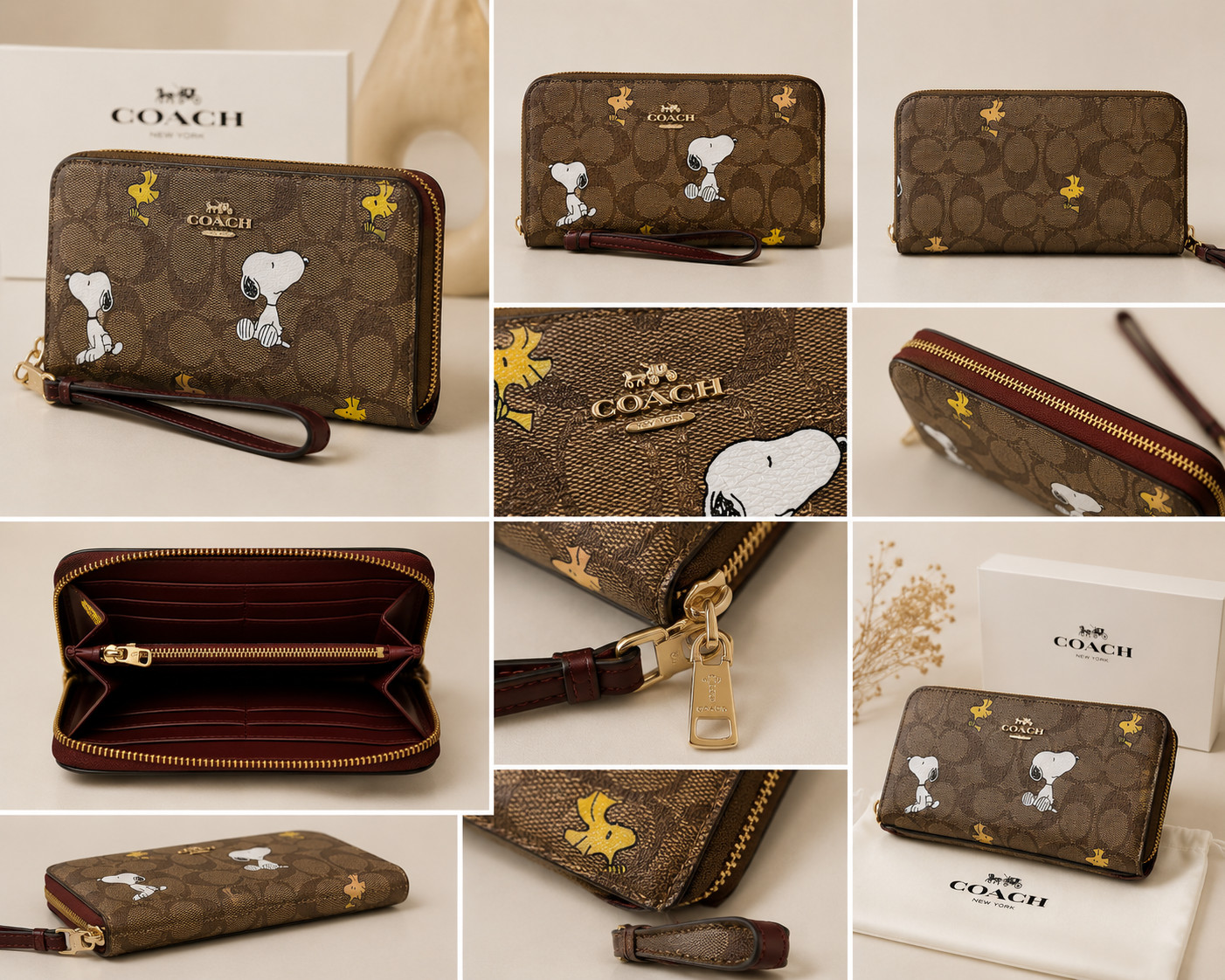 COACH x PEANUTS Long Zip around Wallet Snoopy Woodstock Khaki Signature F/S
