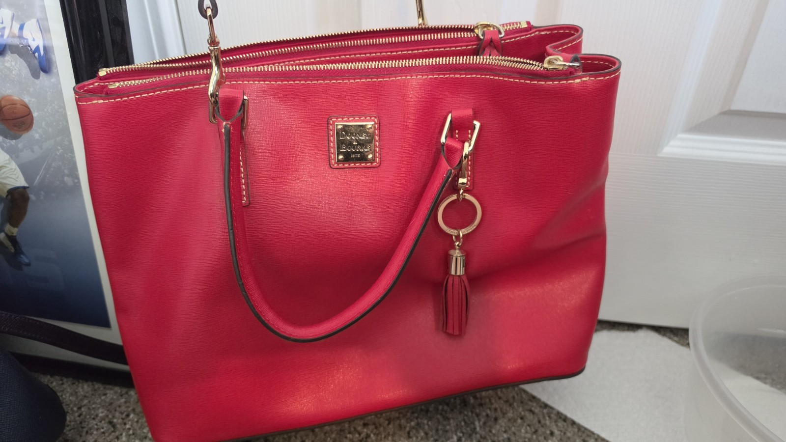Dooney & Bourke Textured Red Tote Zip Top Gold HW Red Lining Pockets Charm