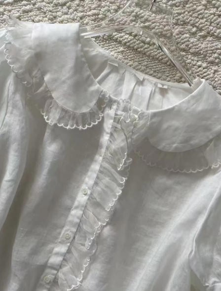 Women Doen Collared Lace Contrasting Puff Sleeve Blouse Top