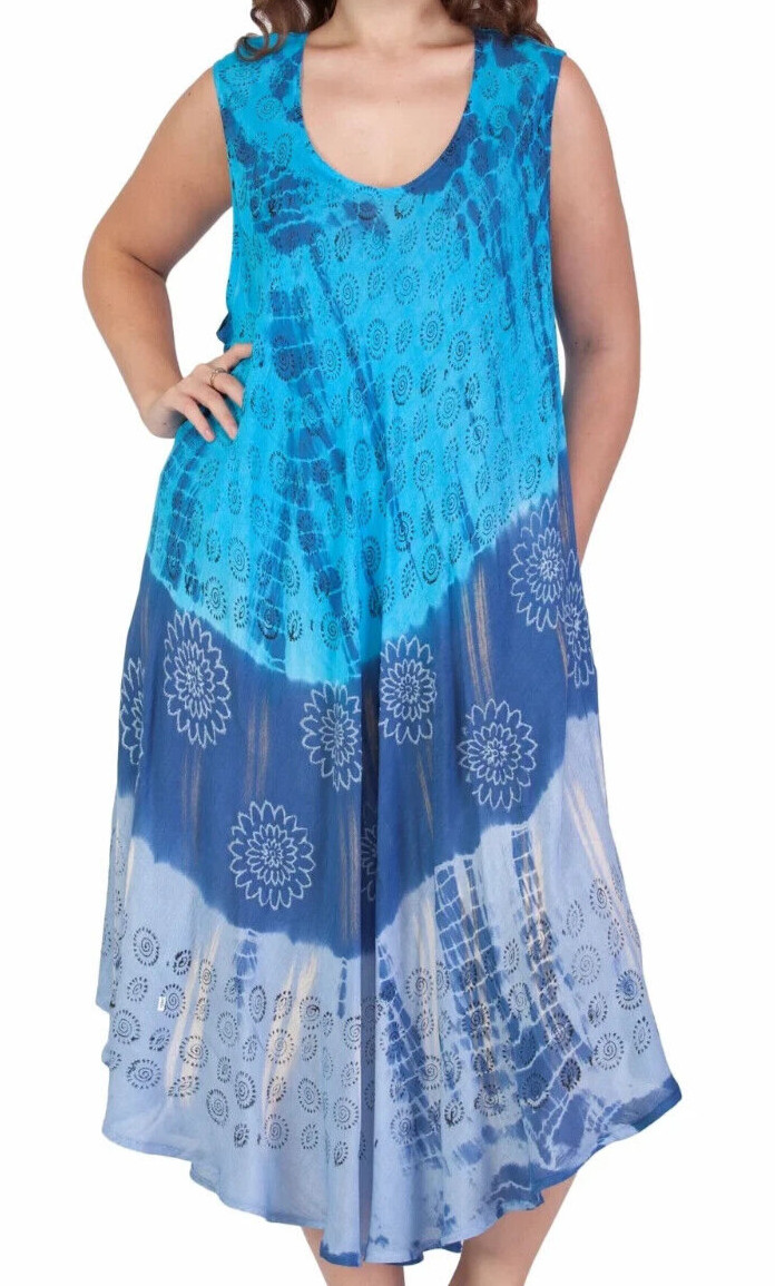 India Boutique Umbrella Maxi Dress One Size Plus Size Blue Hippie Tie-Dye NWT