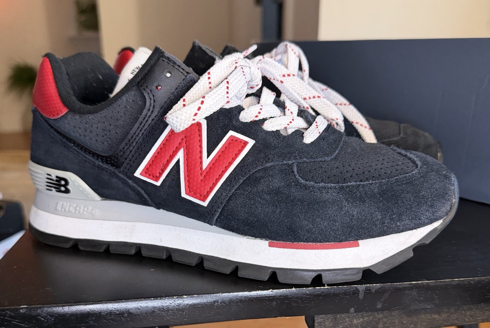 New Balance 574 Rugged ML574DSG Black Red Suede Sneakers Worn Once w/ Box