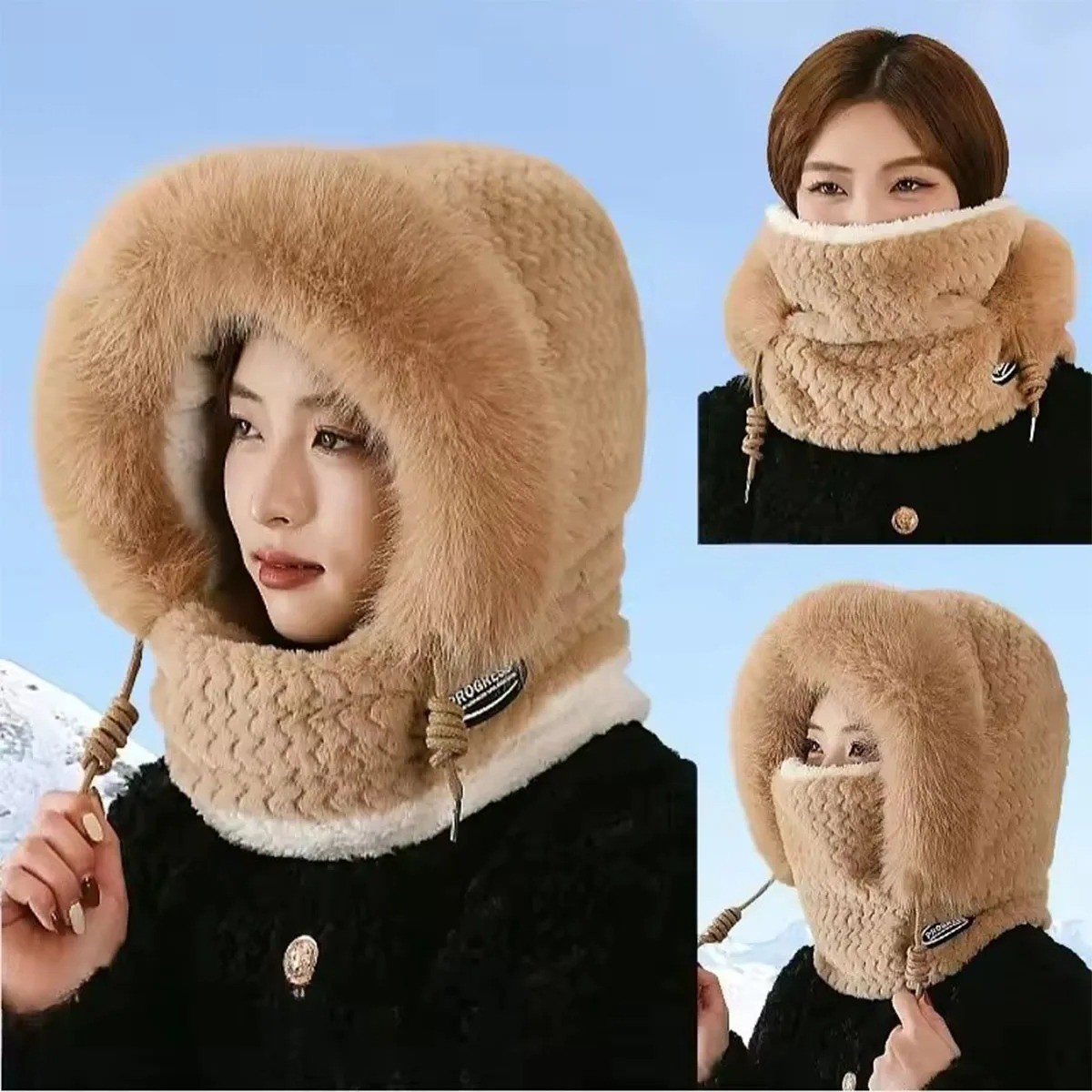 3 in 1 Womens Knit Beanie Hat Fleece Lined Winter Scarf Mask Set Snow Caps *****