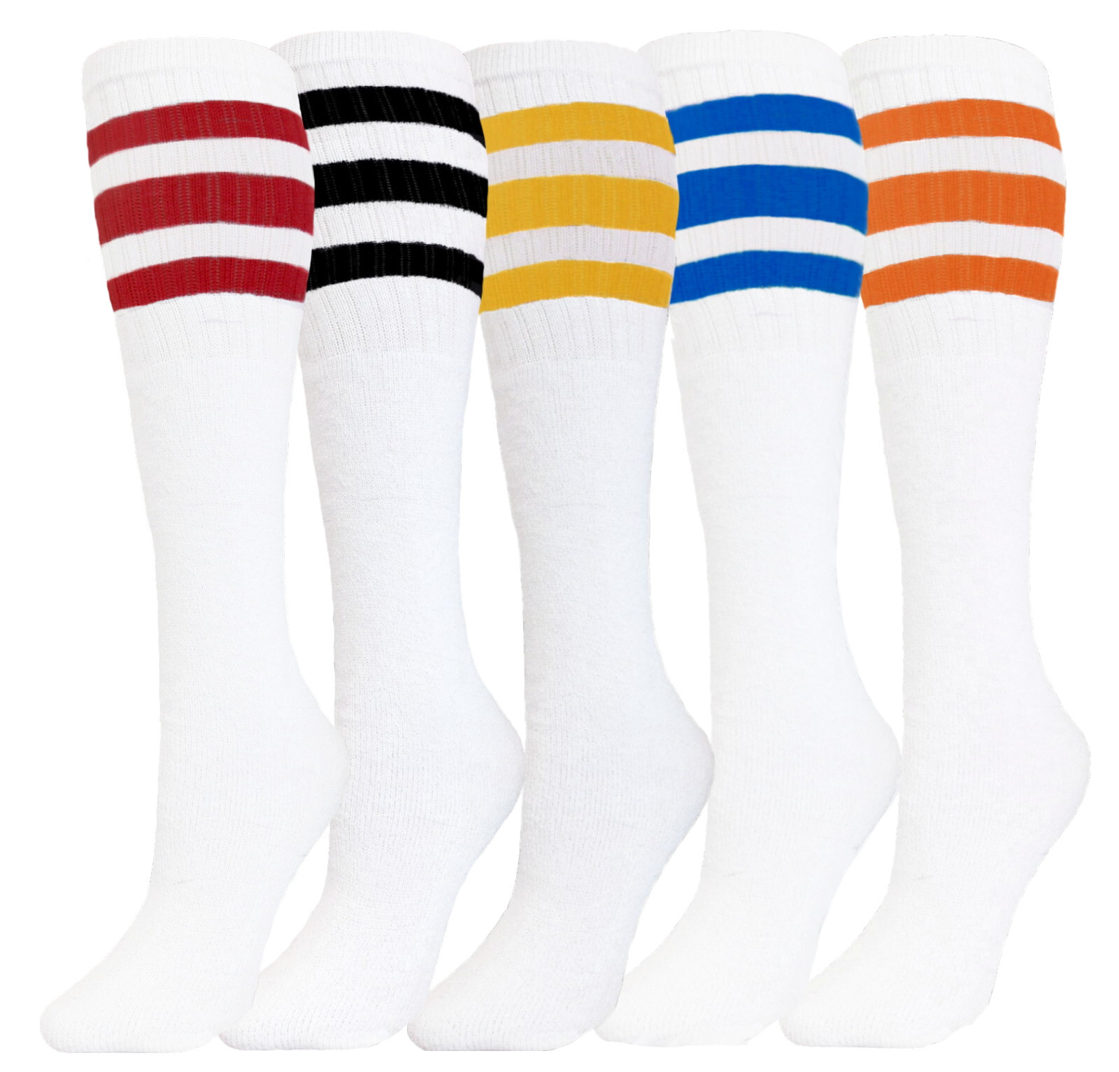 5 PK TUBE SOCKS COTTON ASSORTED COLOR STRIPES 22 INCH LONG SOCKS OLD SCHOOL