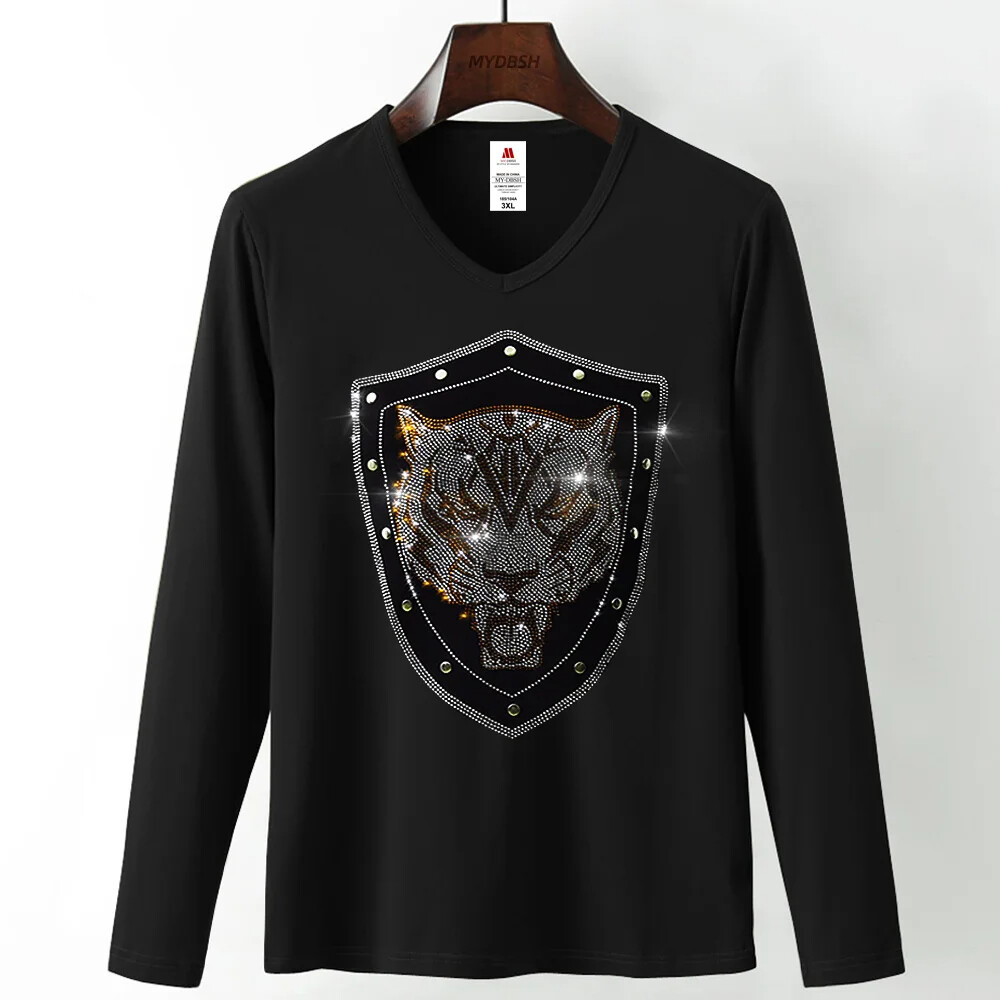 Fashion Trend Tiger Shield Rhinestones Long Sleeve Luxury Men V-Neck T-Shirt