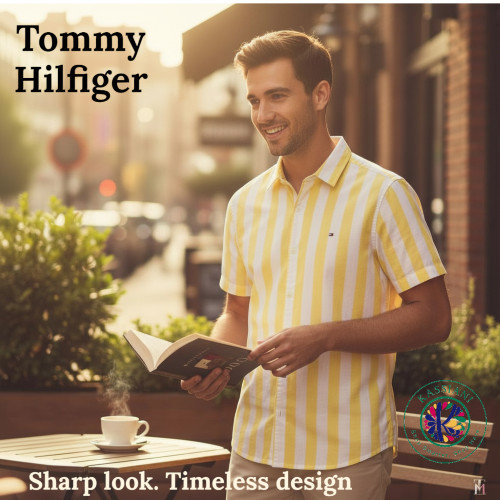 Tommy Hilfiger Men’s Shirt L | Custom Fit Yellow White Stripe Cotton Short Sleev