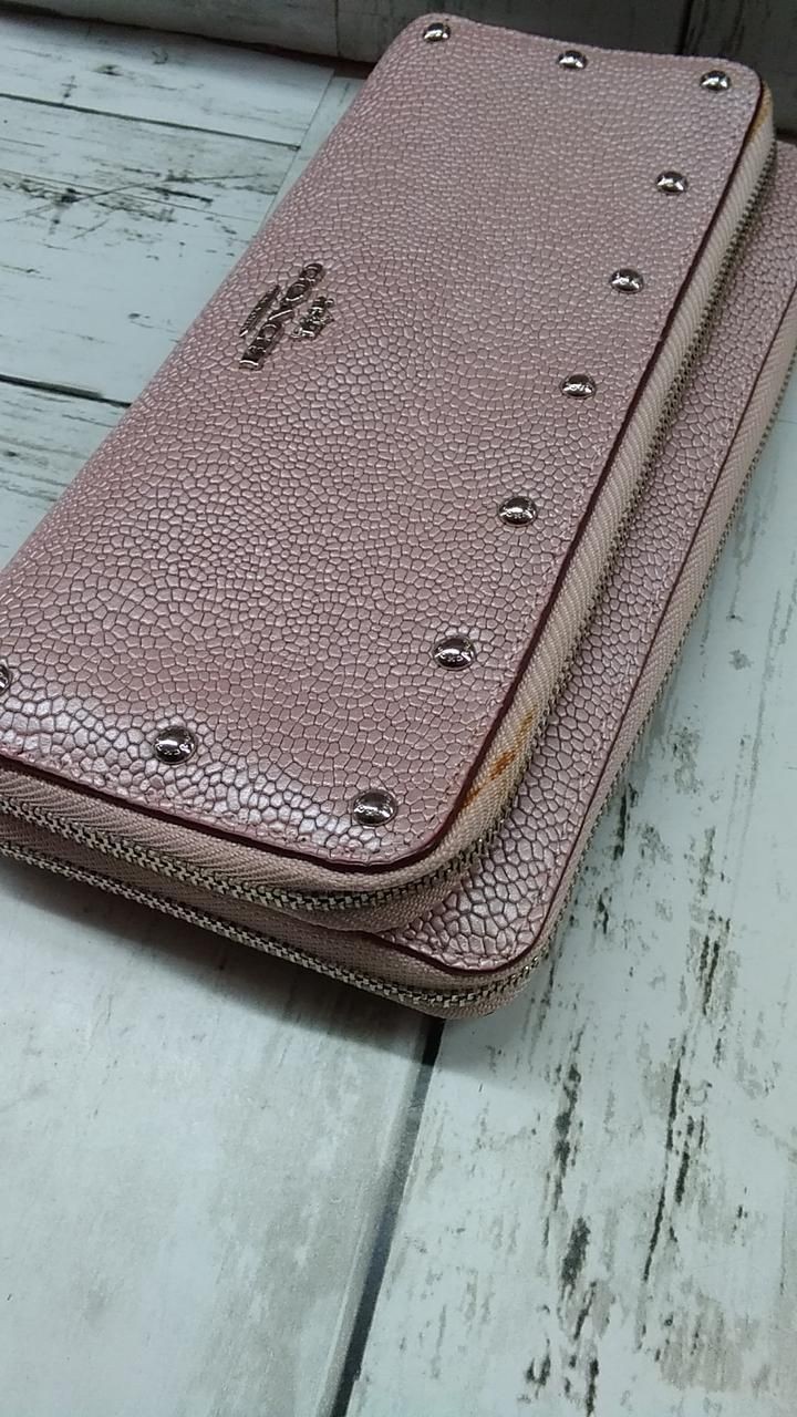 Coach Double Zip Round Wallet Pink × silver studs Used