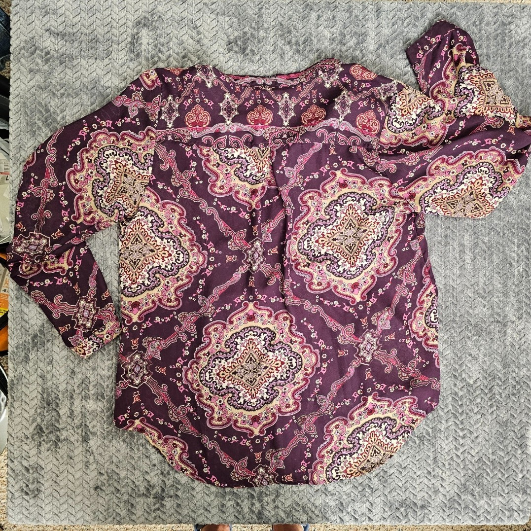 Dress Barn Womens Tunic Top Size 1X Plum Paisley Split Neck Slit Sleeve Boho