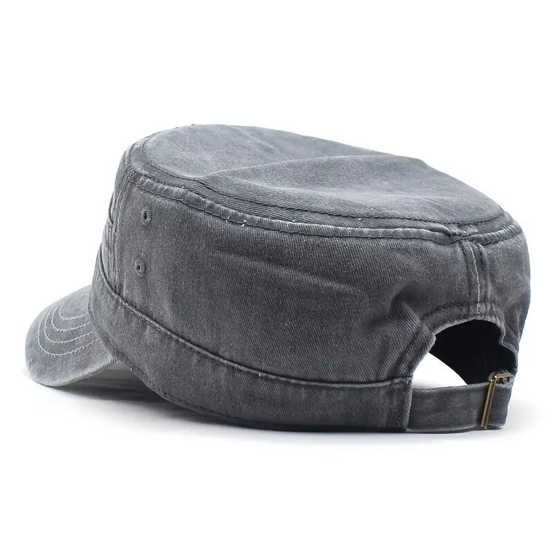 Black Washed Vintage Flat Top Cap, Cotton Military Cadet Army Caps Unique Design
