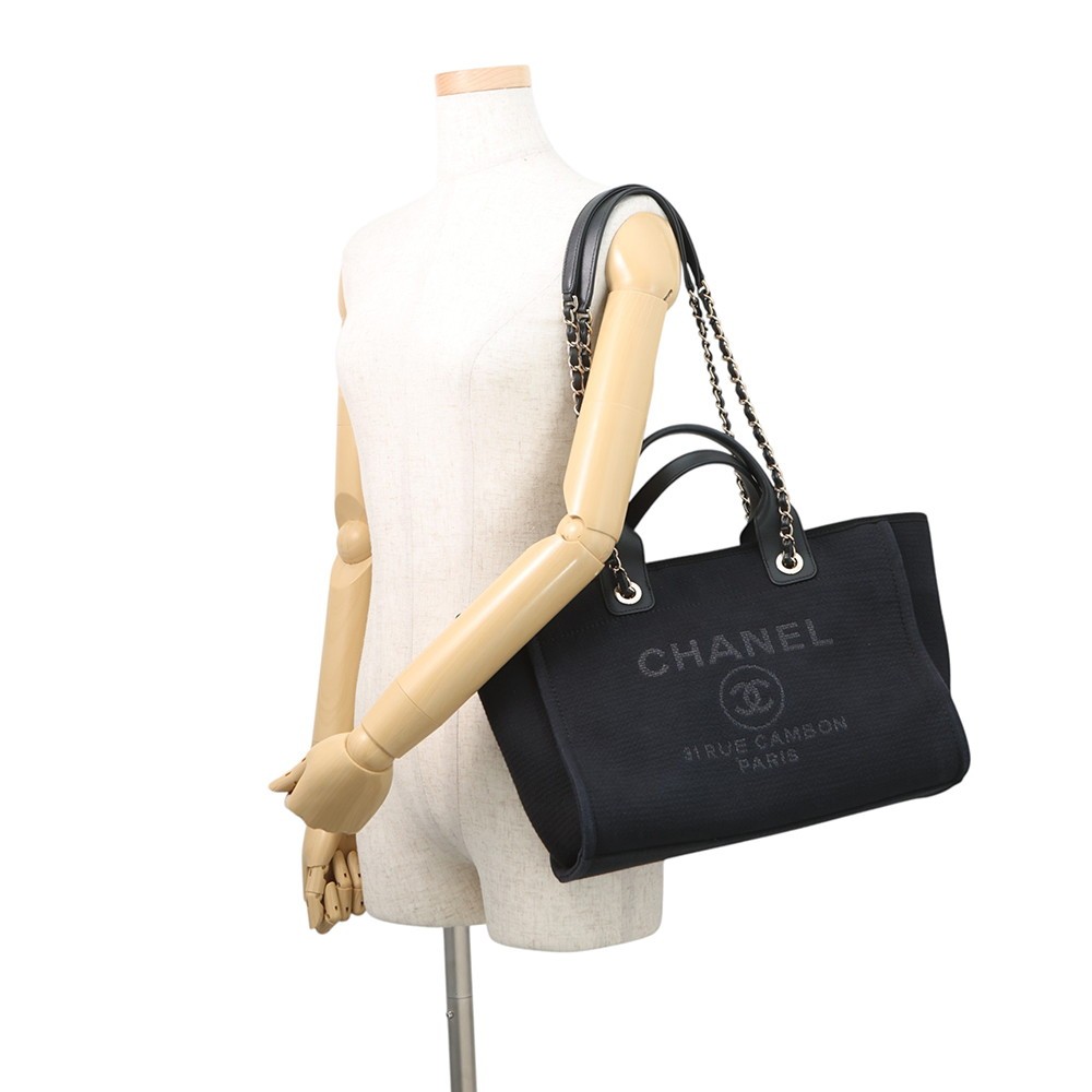CHANEL Deauville Chain Tote Size Small Canvas/Leather Black AS3257