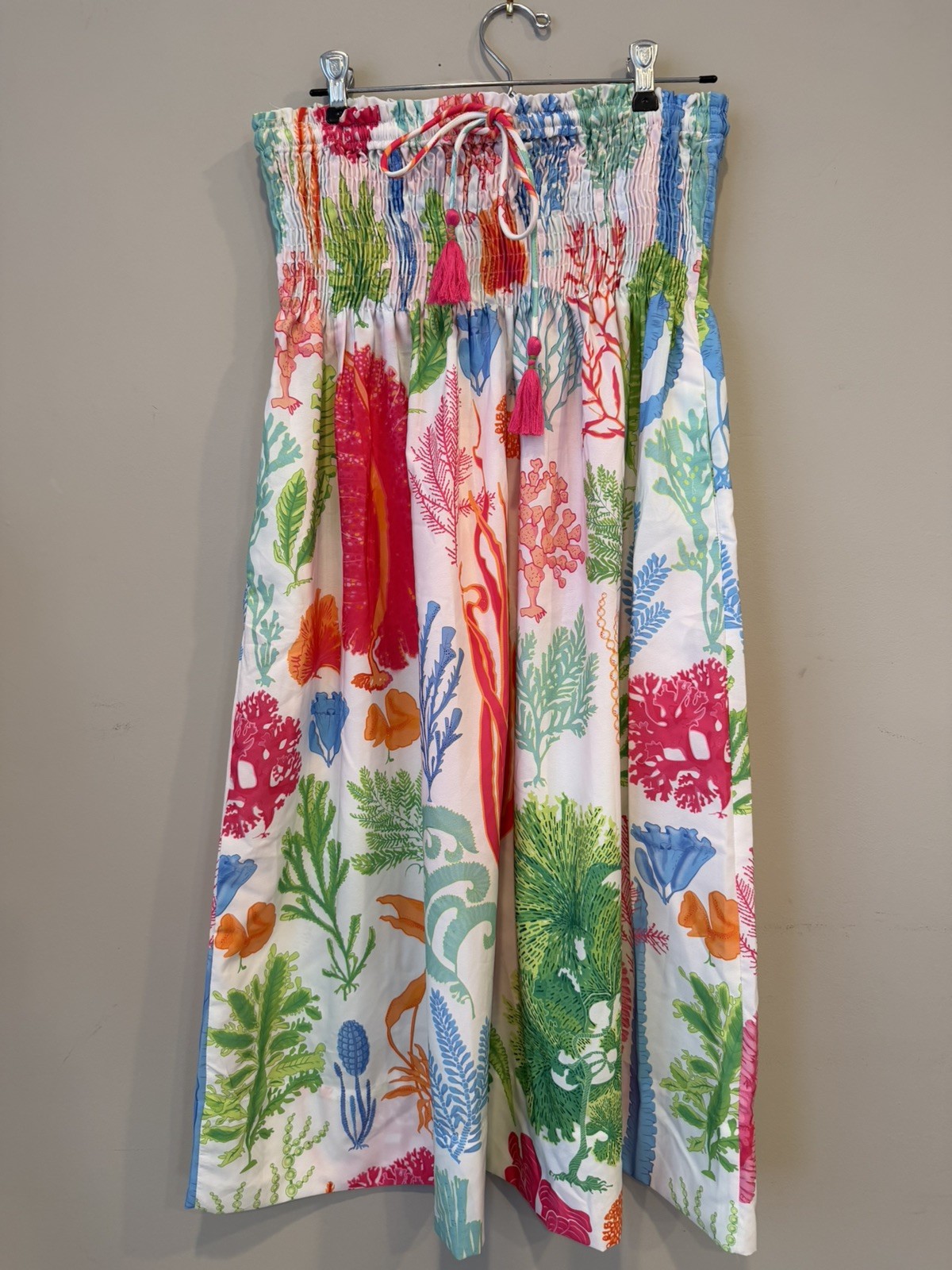 Gretchen Scott Coral Seaweed Print Smocked Maxi Skirt OS White Pink Green