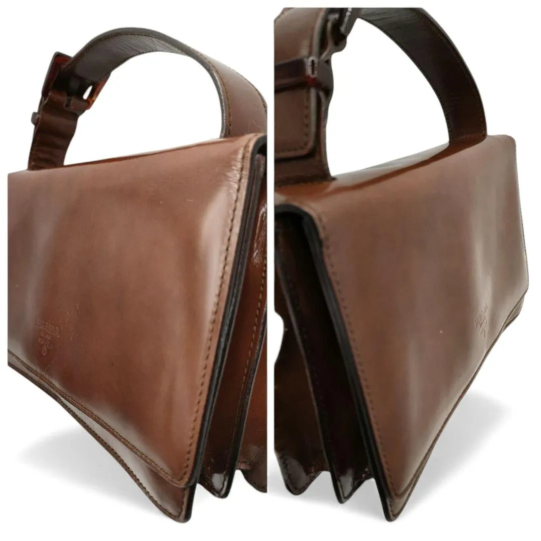 Prada Mini Leather Handbag Brown Tote Bag Purse Triangle Logo 8.6×4.9×2.0in