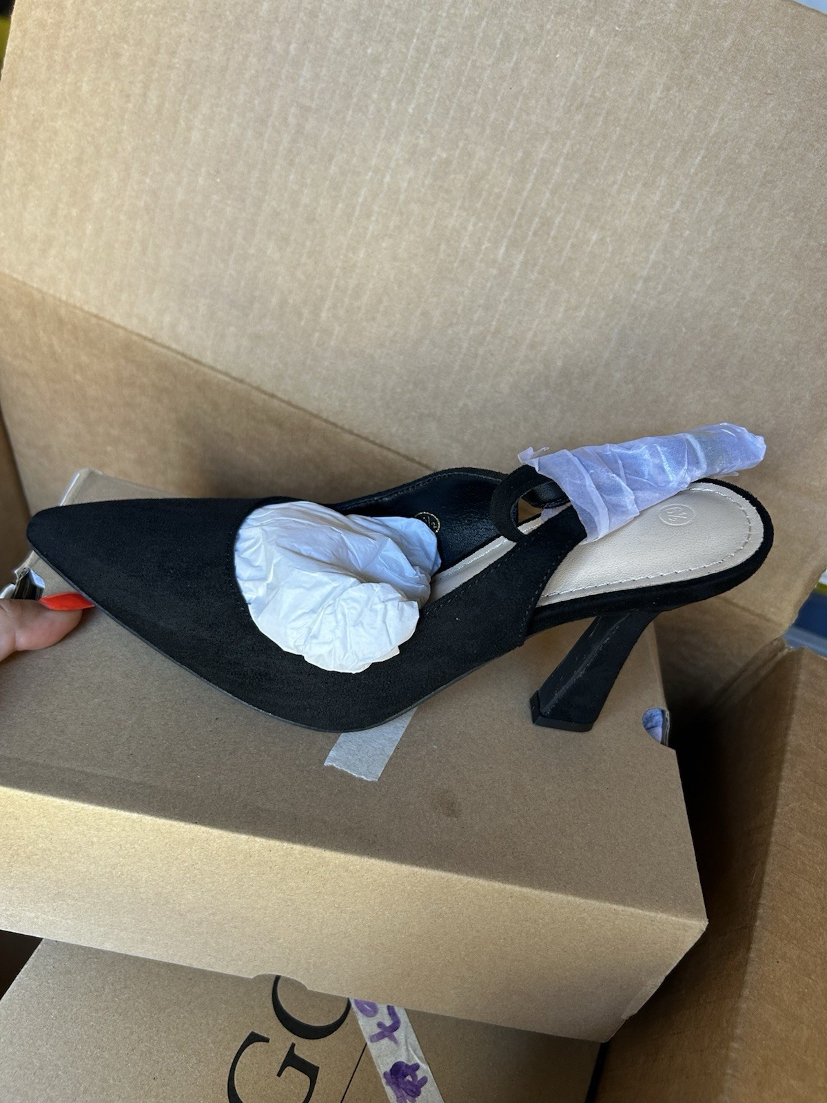 coutgo Women’s Black Faux Suede Pointed Toe Stiletto Slingback Heel US 6.5
