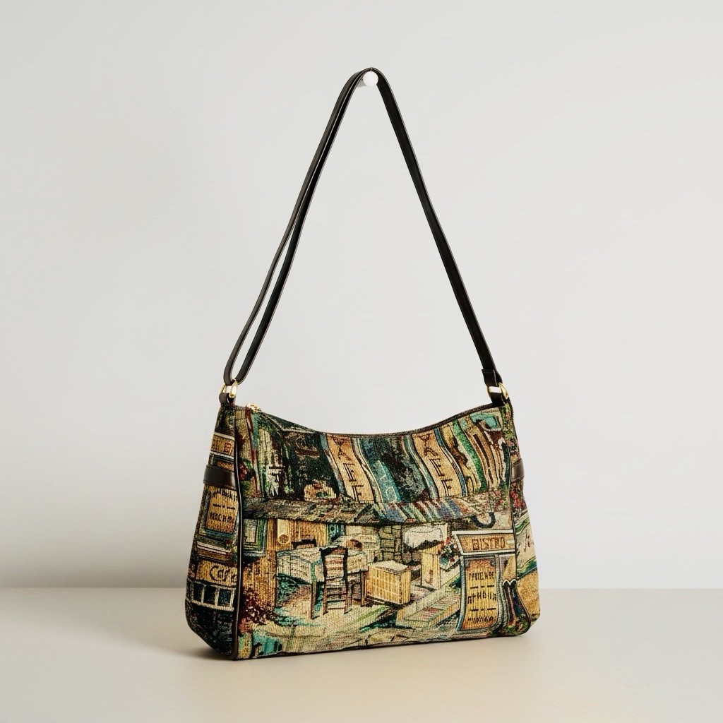 Vintage Sas Needlepoint Tapestry Shoulder Bag Purse Cafe Scene Boho Western