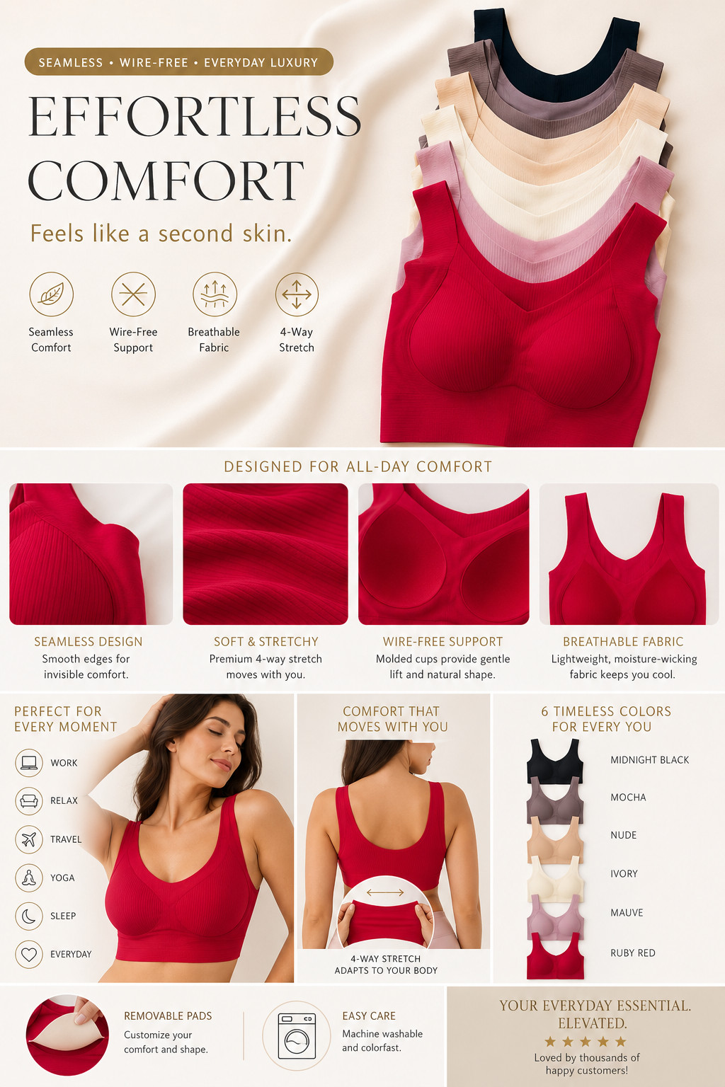 3PCS Anti-Sagging Nylon Full Cup Design Seamless Side Support Bra Soft Bralette