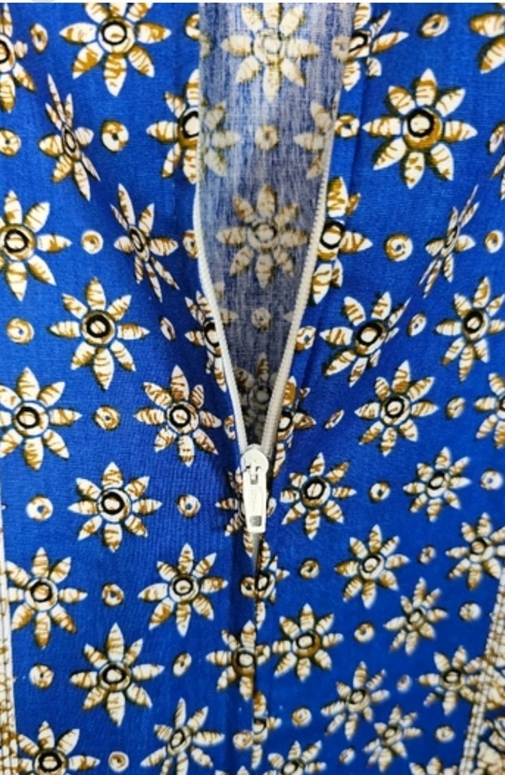 Batik Art 100% Cotton Blue Batik Caftan OSFM VTG POCKETS Boho Lounge Unworn
