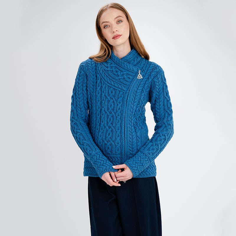 SAOL Cable Knitted Cardigan Women’s 100% Merino Wool Irish Aran Zipper Jacket